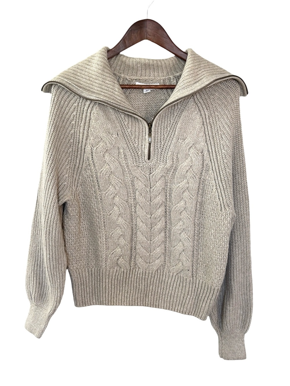 Half-Zip Cable Knit Turtleneck Sweater - Cream
